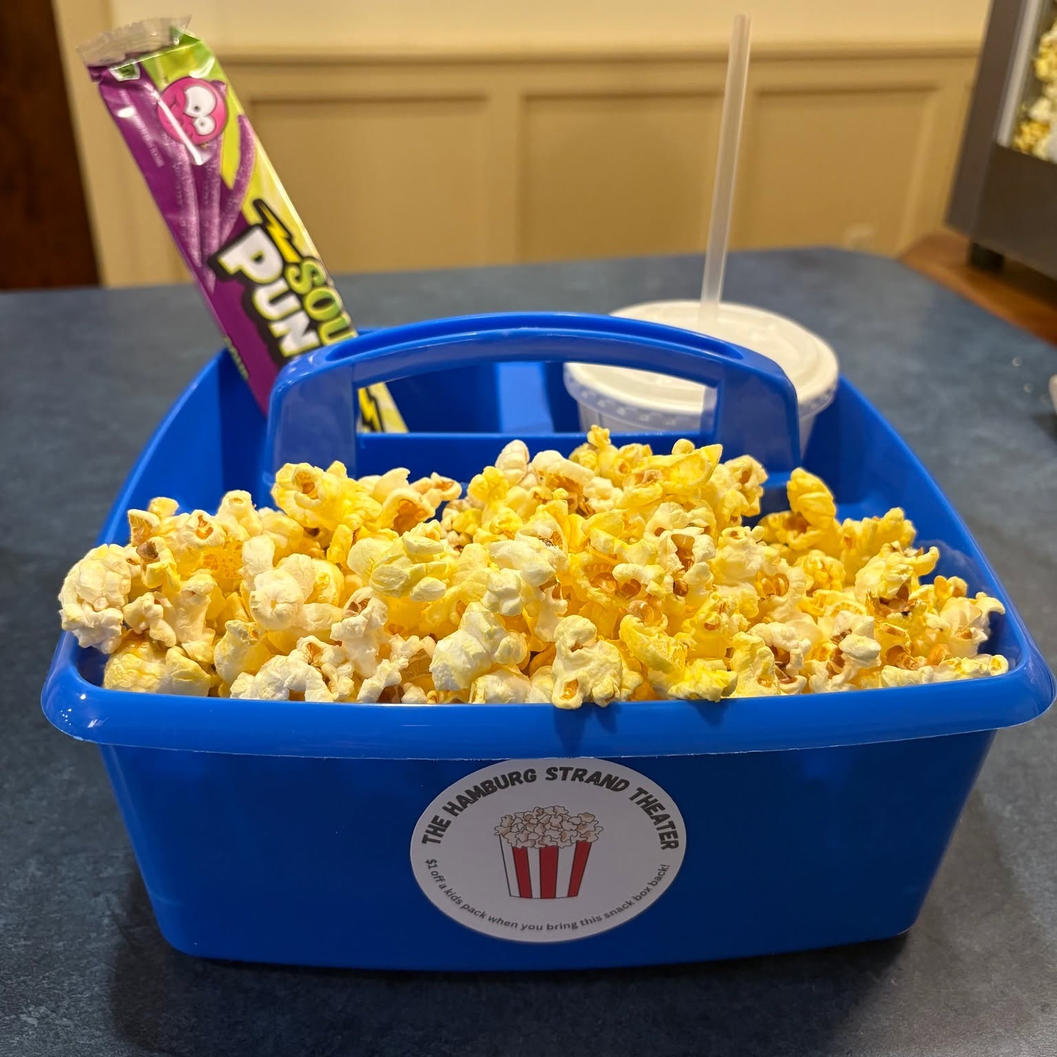 kid special popcorn drink and sweet bucket